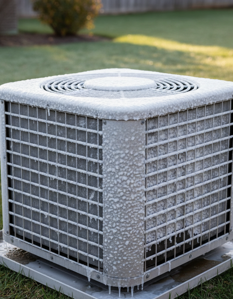 Outdoor AC unit covered in a thick layer of ice, indicating a system malfunction.