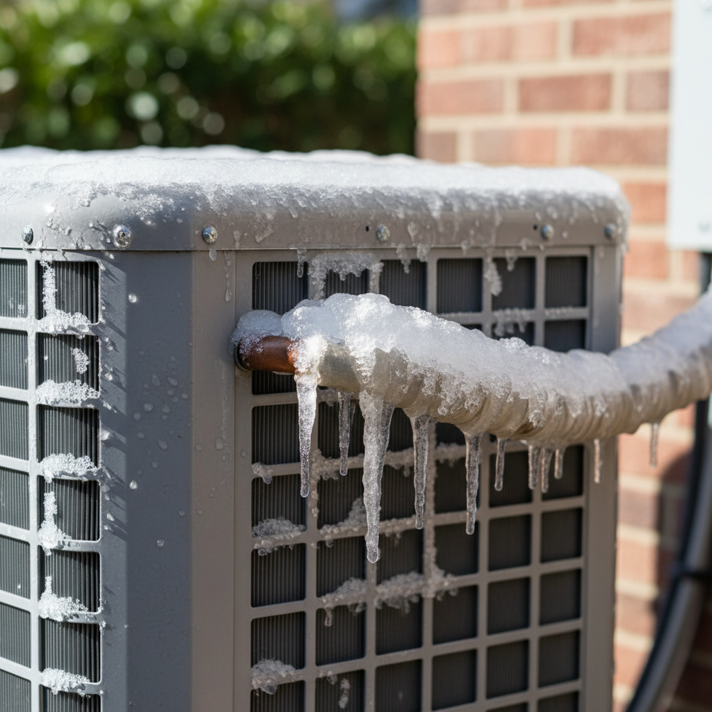 Outdoor AC unit with ice visible on the large insulated copper line and parts of the condenser coil.