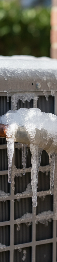 Outdoor AC unit with ice visible on the large insulated copper line and parts of the condenser coil.