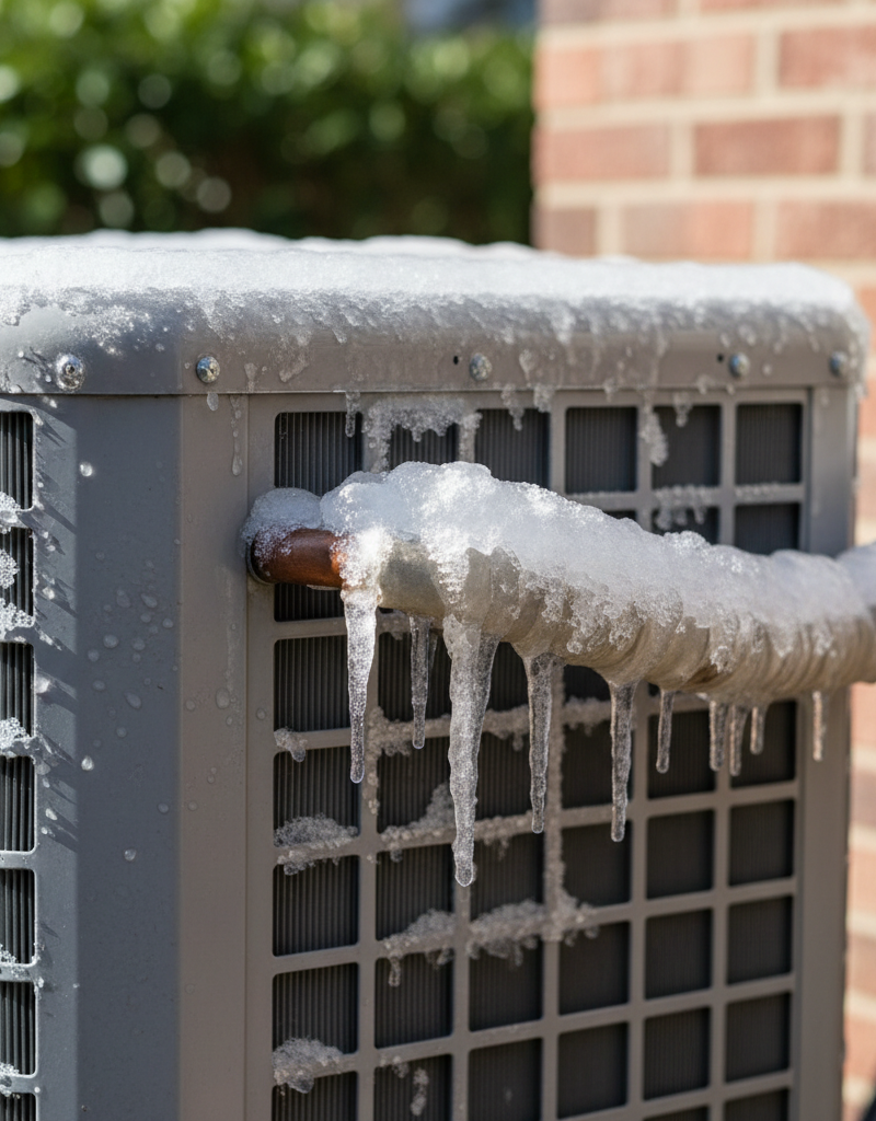 Outdoor AC unit with ice visible on the large insulated copper line and parts of the condenser coil.
