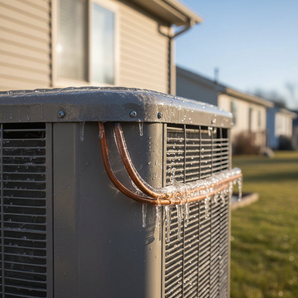 Outdoor AC condenser unit with ice accumulating on the copper refrigerant lines and coil fins