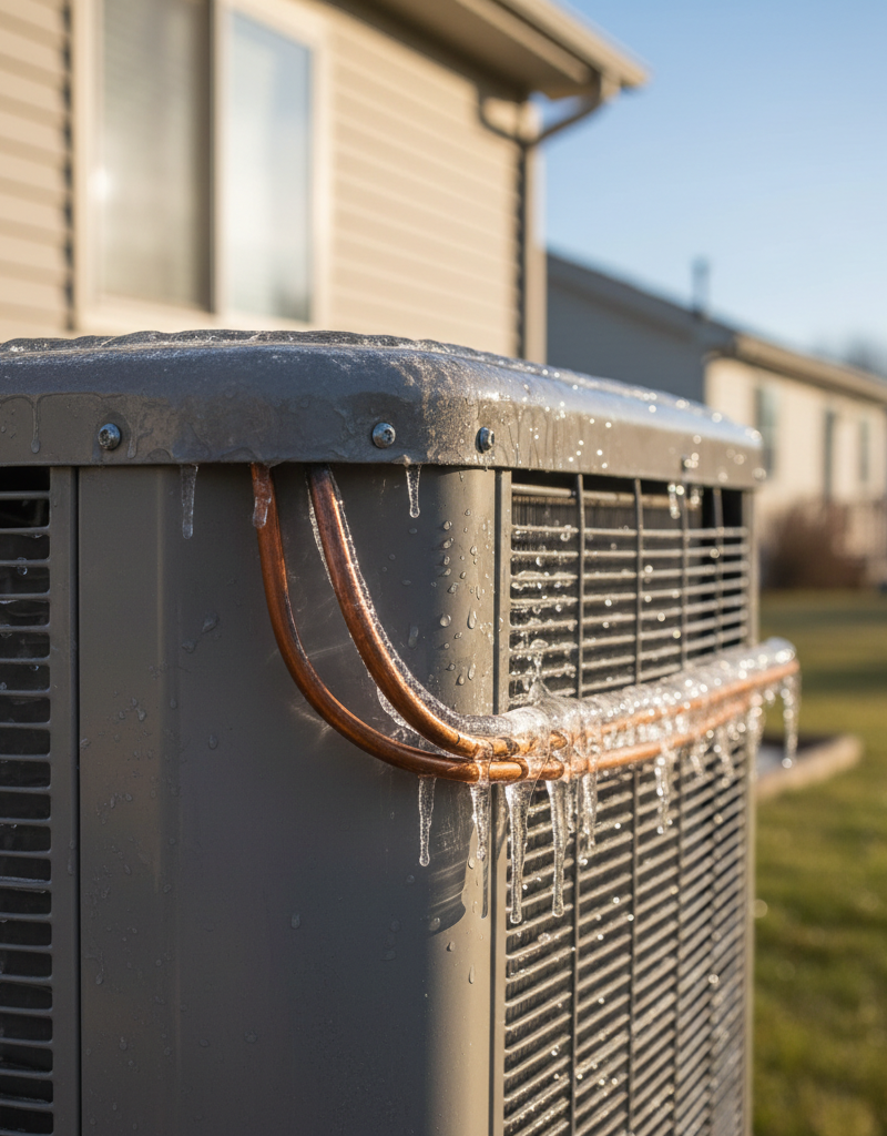 Outdoor AC condenser unit with ice accumulating on the copper refrigerant lines and coil fins