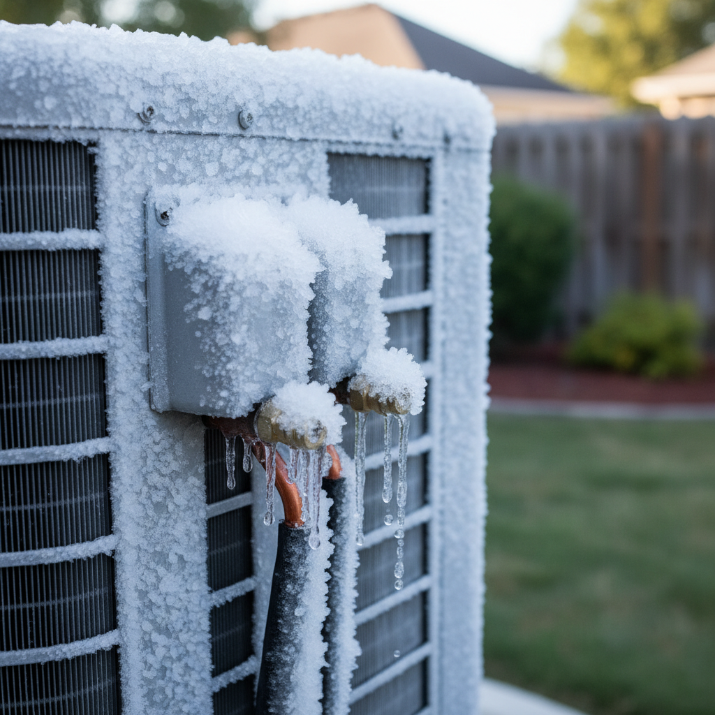 Outdoor AC unit with thick ice on refrigerant lines and condenser coils