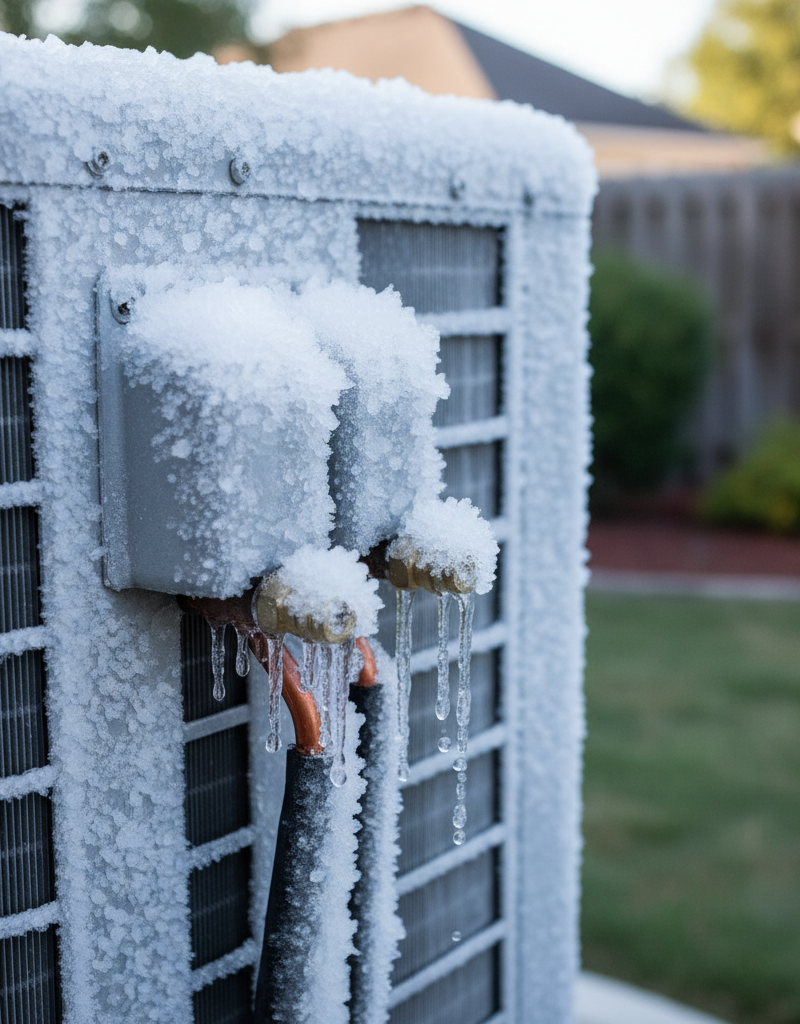 Outdoor AC unit with thick ice on refrigerant lines and condenser coils