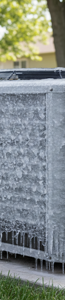 Outdoor air conditioning unit with ice forming on the coils and copper lines, indicating a problem.