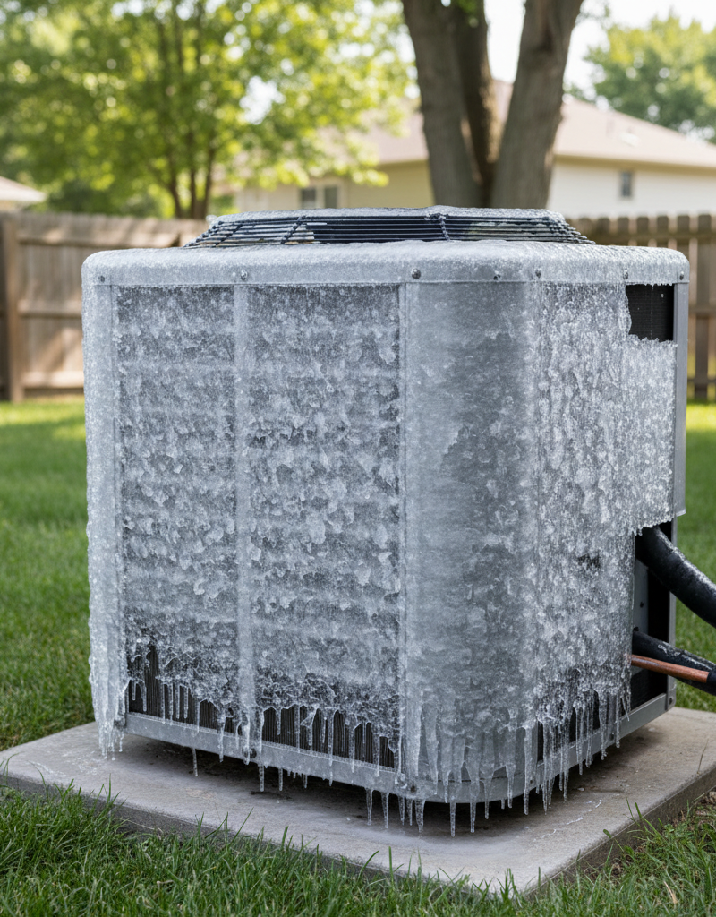 Outdoor air conditioning unit with ice forming on the coils and copper lines, indicating a problem.