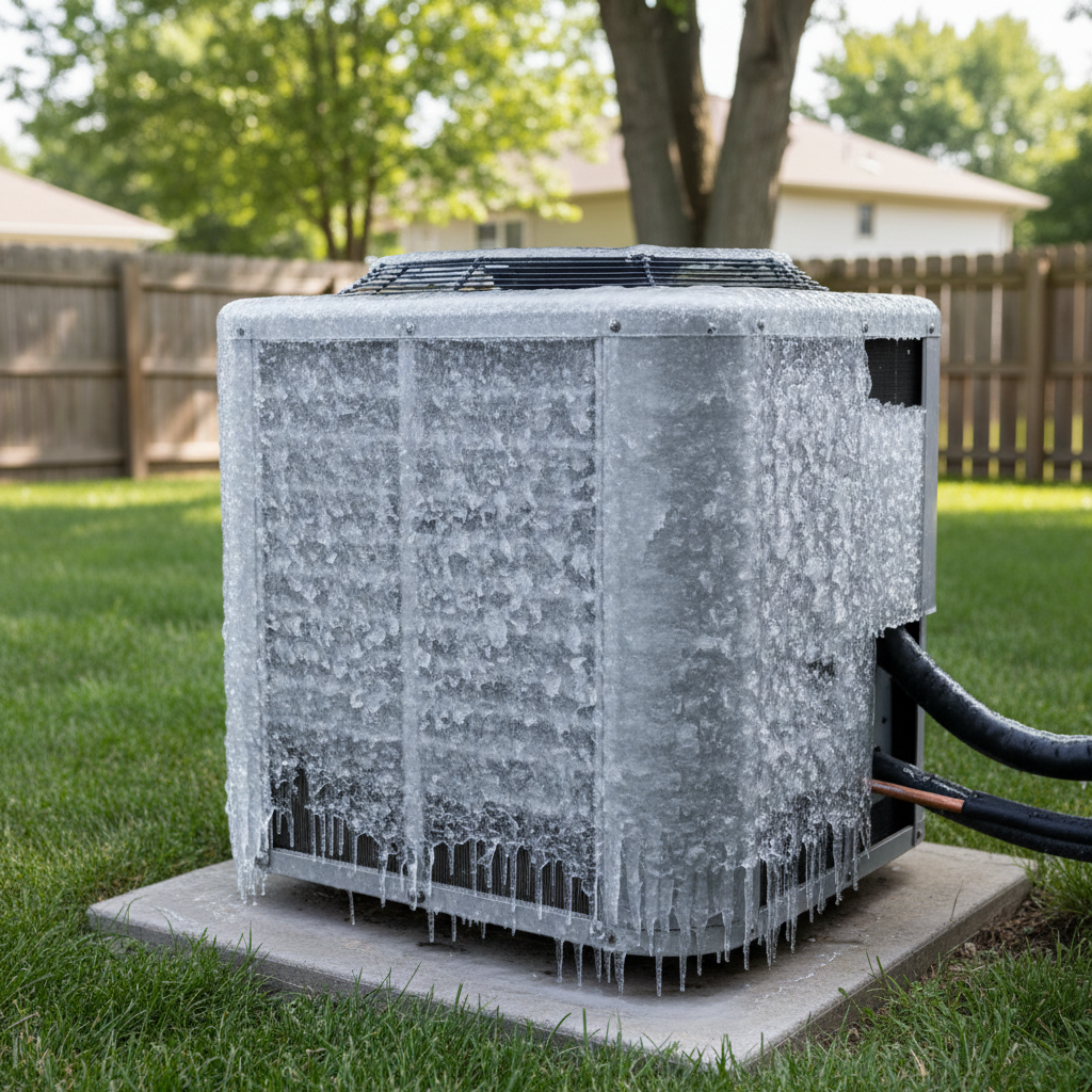 Outdoor air conditioning unit with ice forming on the coils and copper lines, indicating a problem.