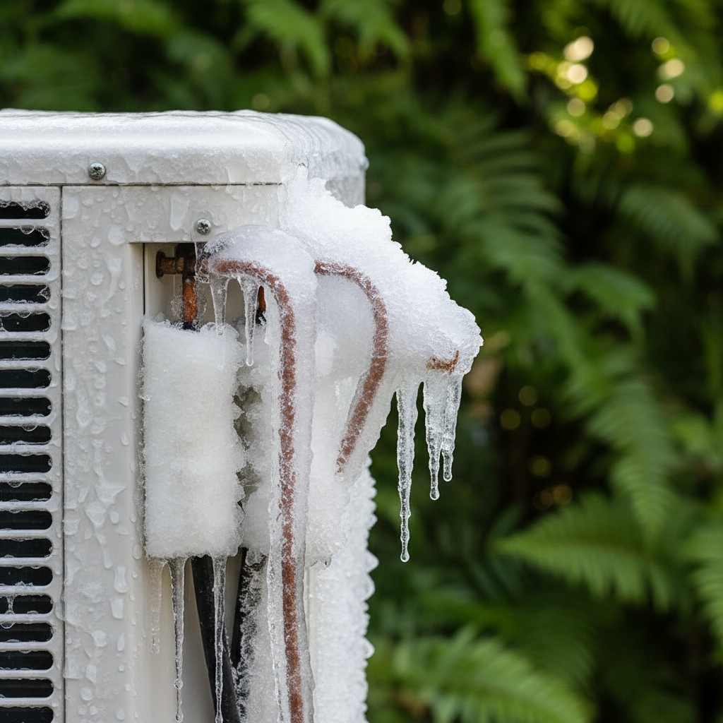 Outdoor AC unit with thick ice on copper refrigerant lines