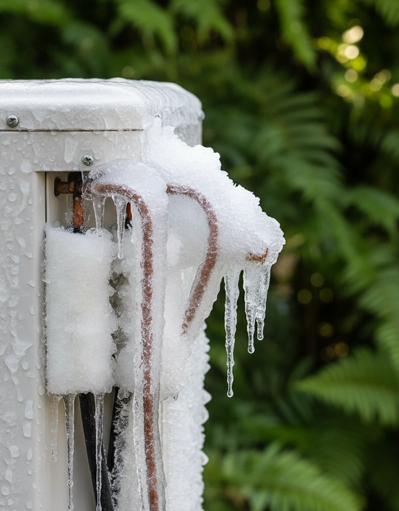 Outdoor AC unit with thick ice on copper refrigerant lines