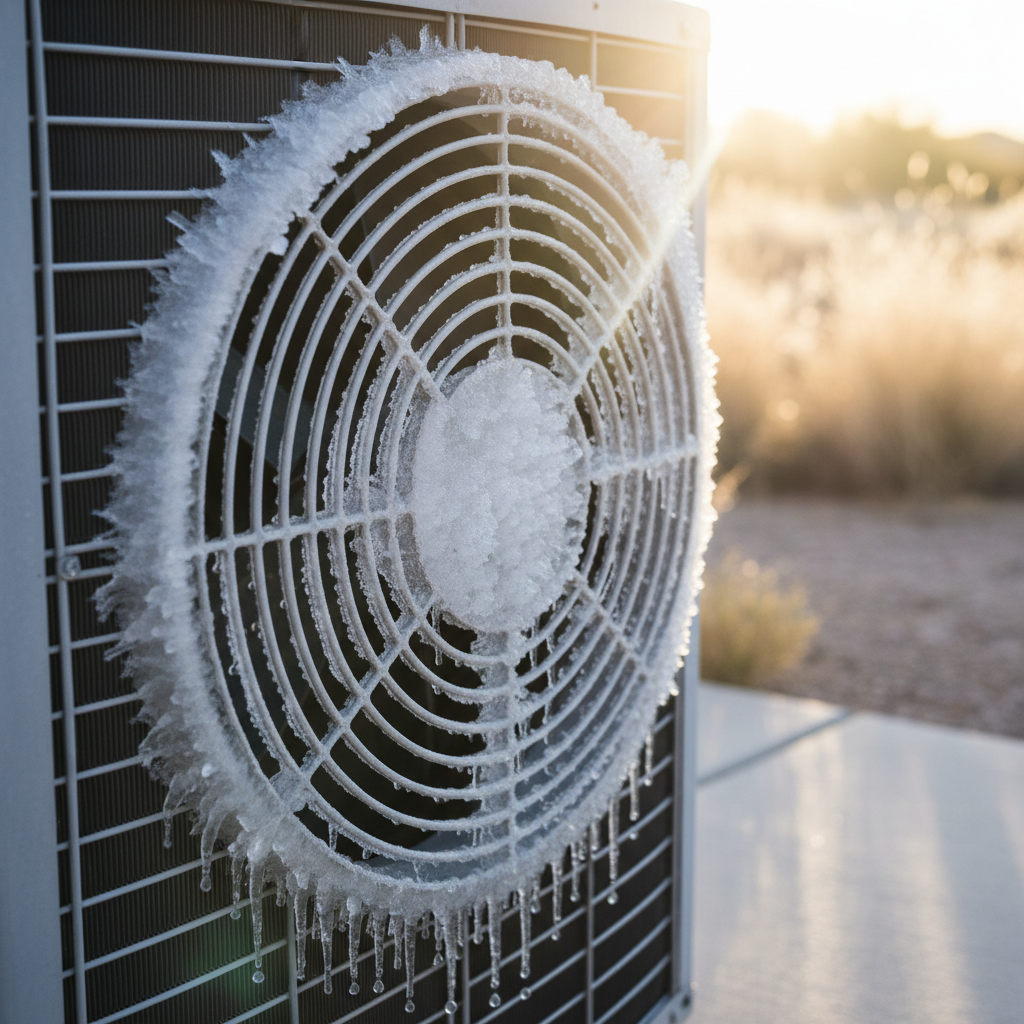 Outdoor AC unit coil covered in a thick layer of ice on a sunny day