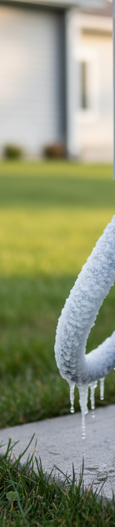 Outdoor AC unit with significant ice buildup on the copper lines and condenser coils, indicating a freezing problem.