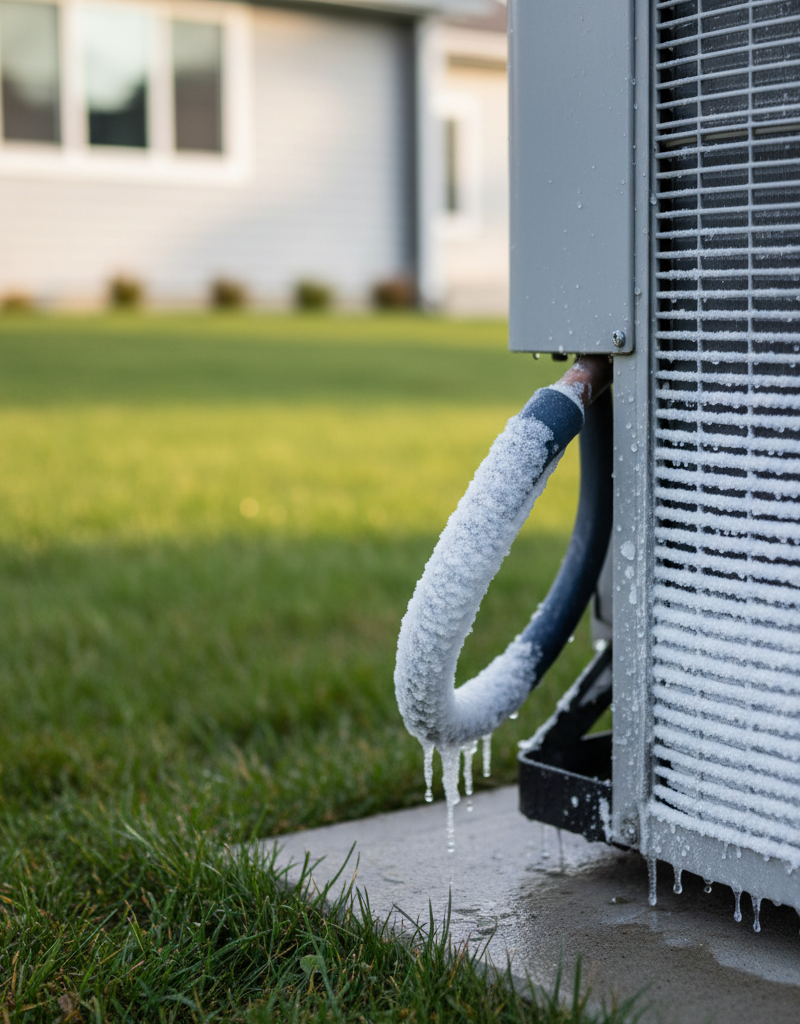 Outdoor AC unit with significant ice buildup on the copper lines and condenser coils, indicating a freezing problem.