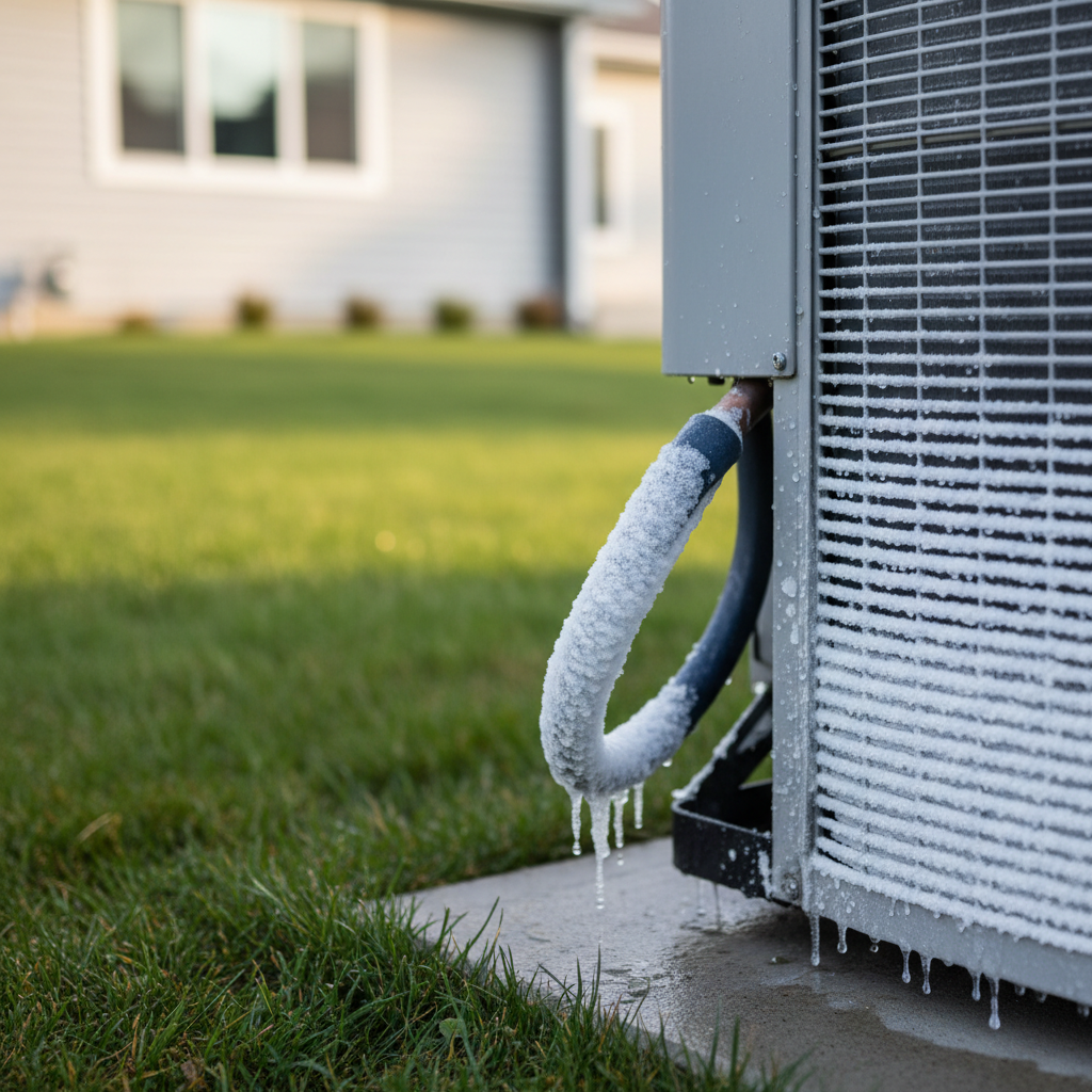 Outdoor AC unit with significant ice buildup on the copper lines and condenser coils, indicating a freezing problem.