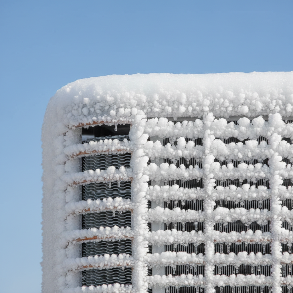 Outdoor AC unit completely covered in a thick layer of ice, indicating a serious problem within the cooling system.