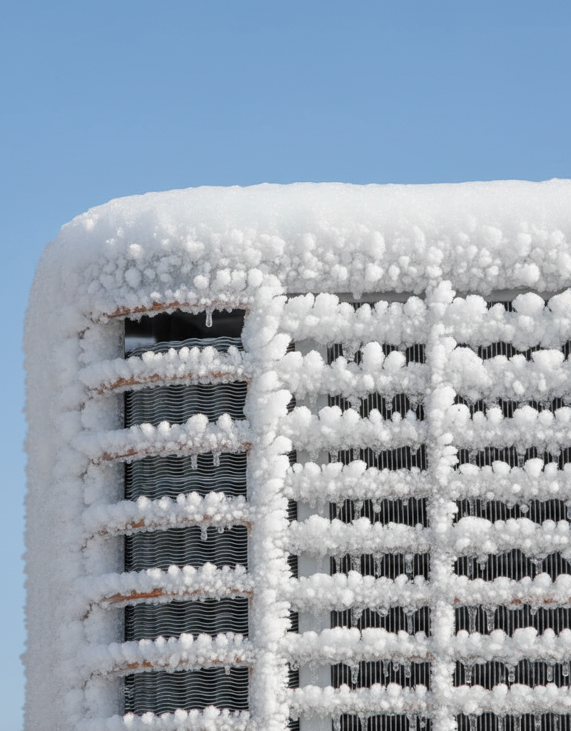 Outdoor AC unit completely covered in a thick layer of ice, indicating a serious problem within the cooling system.