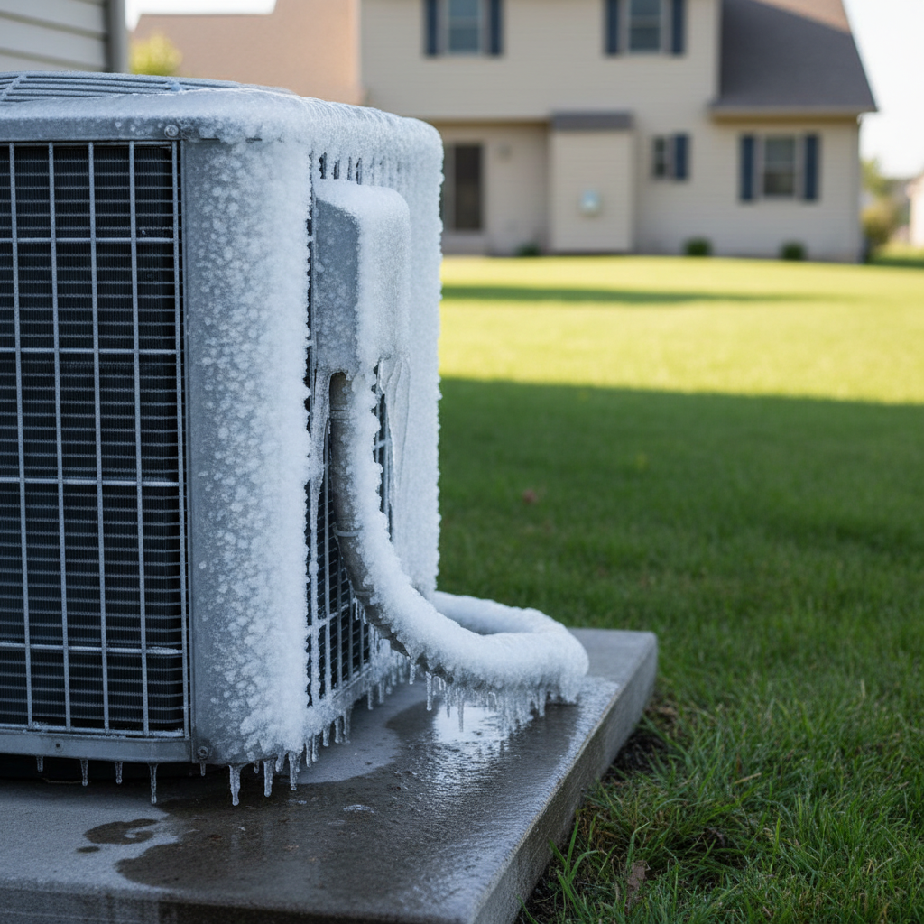 Outdoor AC unit with ice buildup on the coils and copper lines