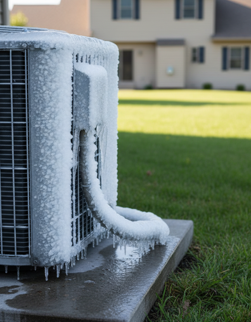 Outdoor AC unit with ice buildup on the coils and copper lines