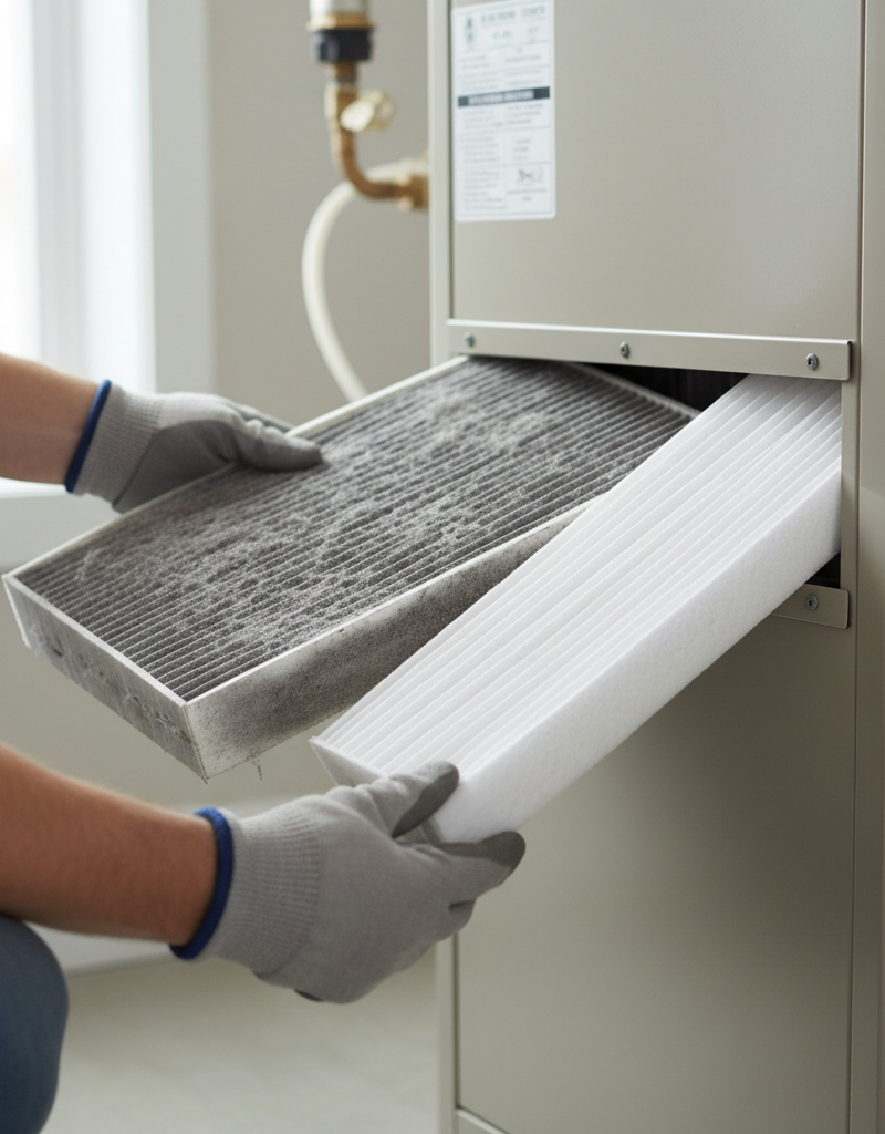 Homeowner sliding a new, clean air filter into an HVAC furnace, replacing a visibly dirty filter