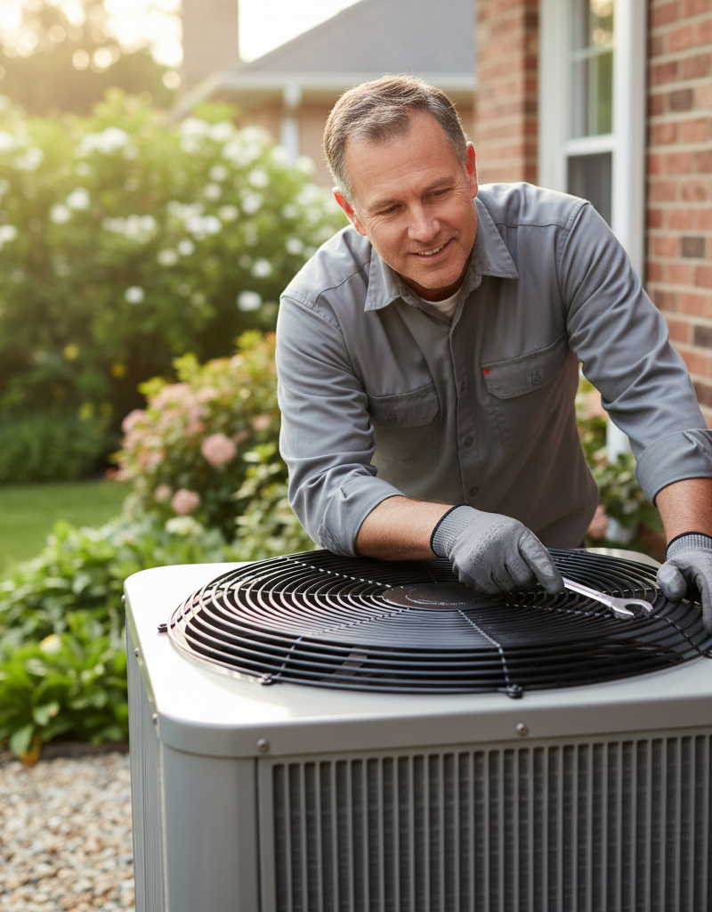 Homeowner inspecting an outdoor AC condenser unit on a sunny day