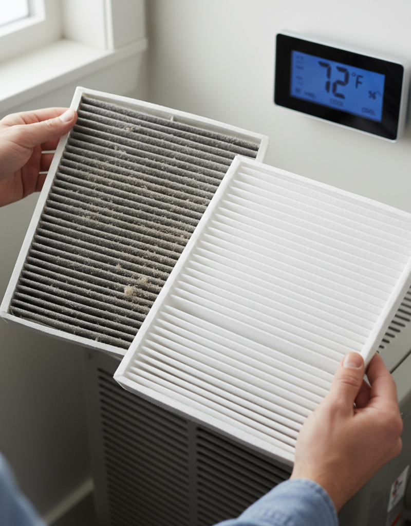 Homeowner inspecting clean and dirty AC air filters next to a digital thermostat