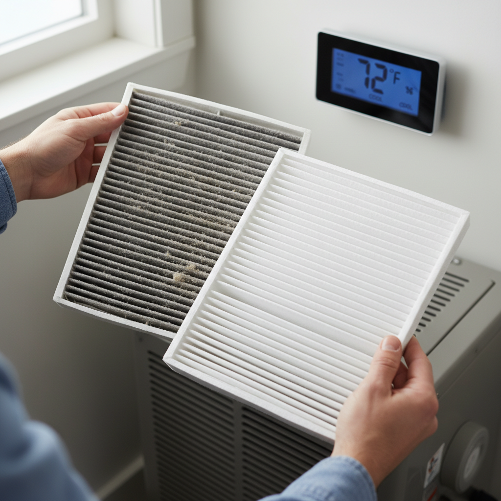 Homeowner inspecting clean and dirty AC air filters next to a digital thermostat