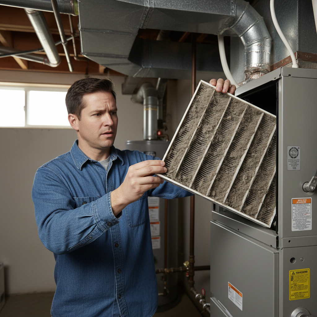 Homeowner inspecting a dirty air filter in a central AC unit, suggesting a common reason for poor cooling.