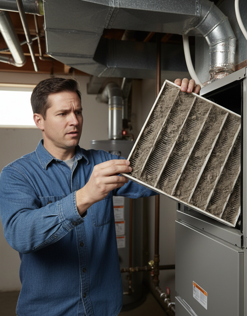 Homeowner inspecting a dirty air filter in a central AC unit, suggesting a common reason for poor cooling.