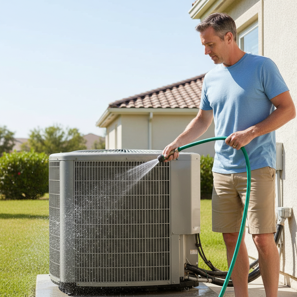 Homeowner cleaning an outdoor central AC condenser unit with a garden hose