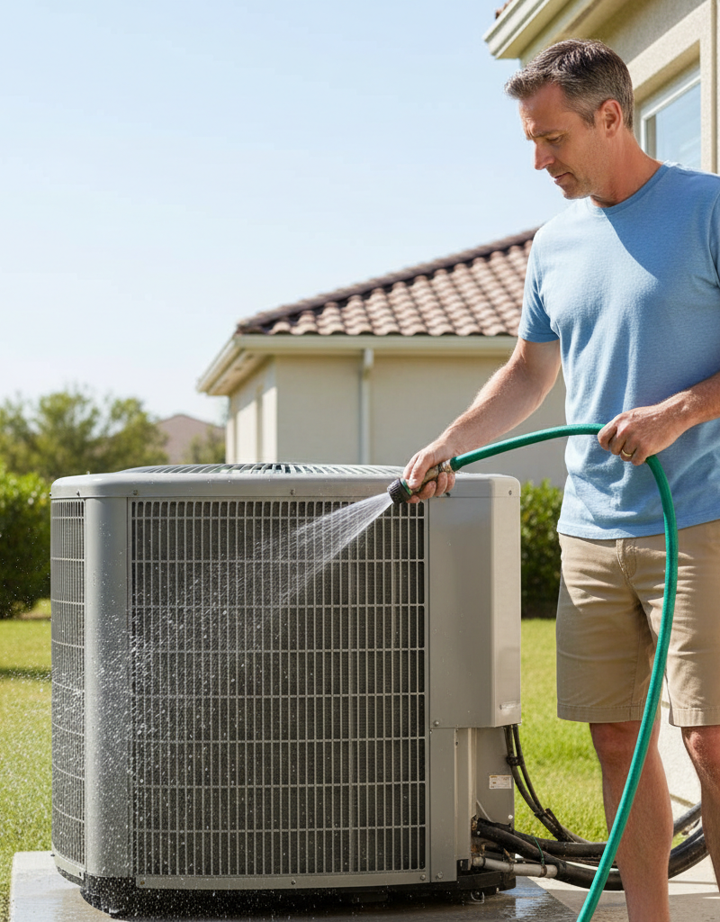 Homeowner cleaning an outdoor central AC condenser unit with a garden hose
