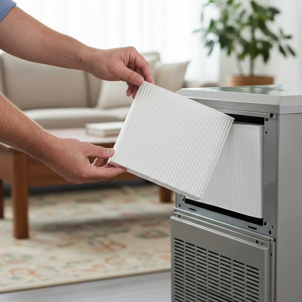 Homeowner checking a clean air filter in a central AC unit, demonstrating basic maintenance.