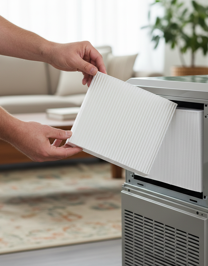 Homeowner checking a clean air filter in a central AC unit, demonstrating basic maintenance.