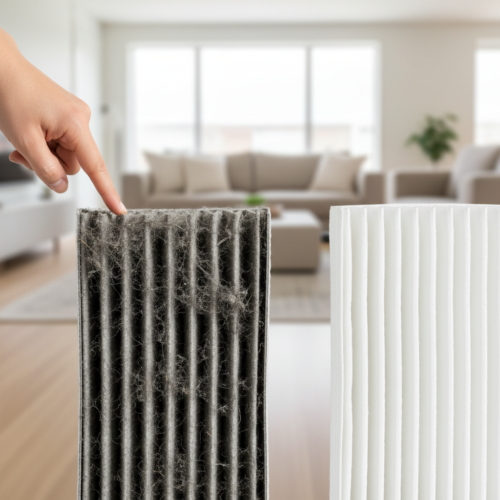 Dirty pleated HVAC air filter next to a clean new air filter, showing a homeowner's hand pointing.