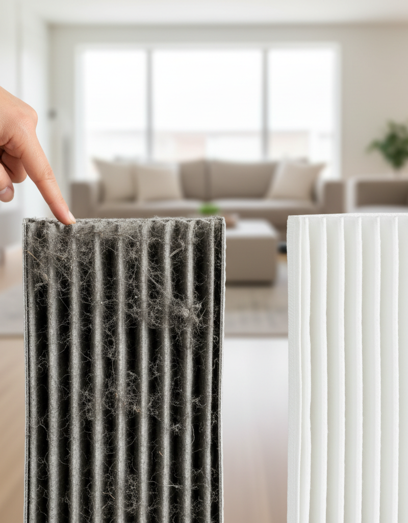 Dirty pleated HVAC air filter next to a clean new air filter, showing a homeowner's hand pointing.
