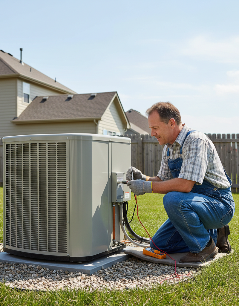Homeowner inspecting a central AC condenser, checking for common cooling issues like dirt or blockages.