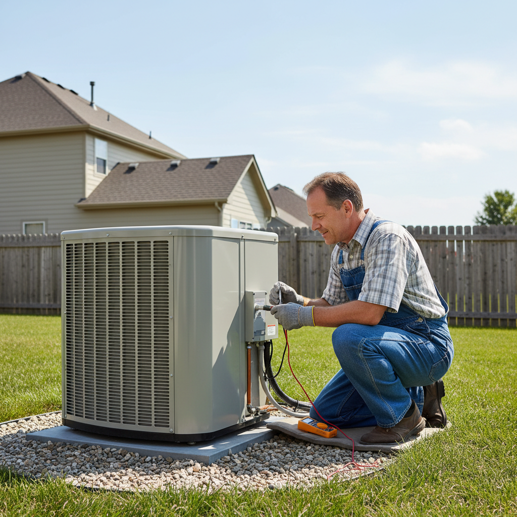 Homeowner inspecting a central AC condenser, checking for common cooling issues like dirt or blockages.