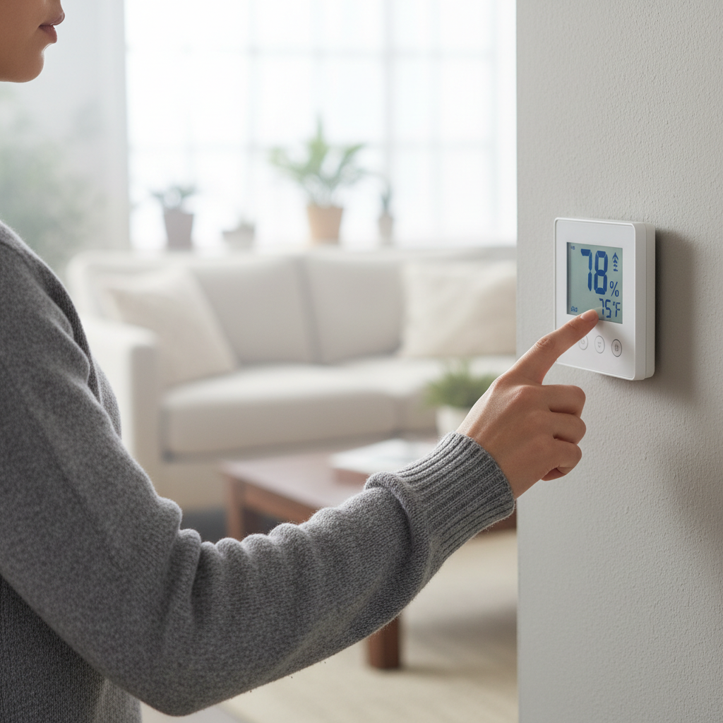 Homeowner checking thermostat, indicating high humidity inside the house despite the AC running.