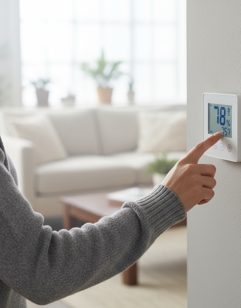 Homeowner checking thermostat, indicating high humidity inside the house despite the AC running.