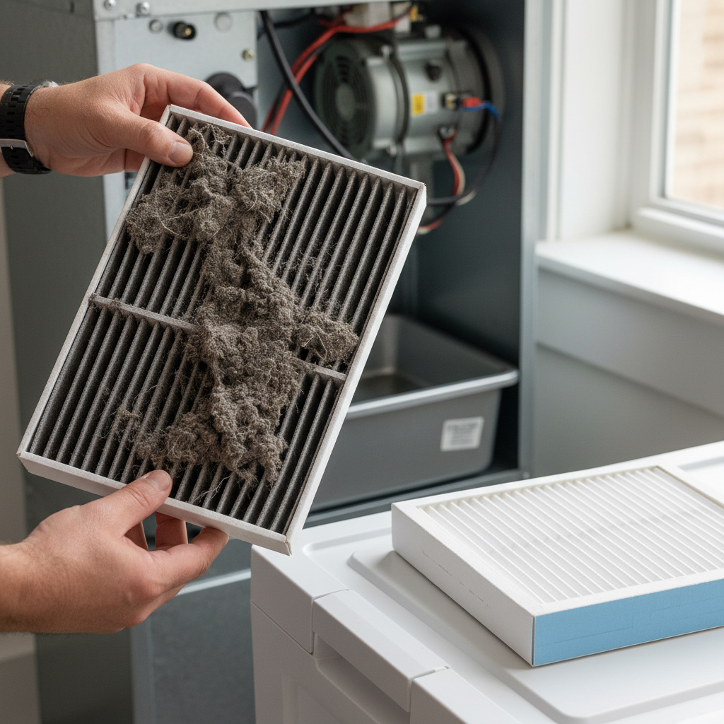 Homeowner inspecting a dirty HVAC air filter, holding it up to the light to show accumulated dust.