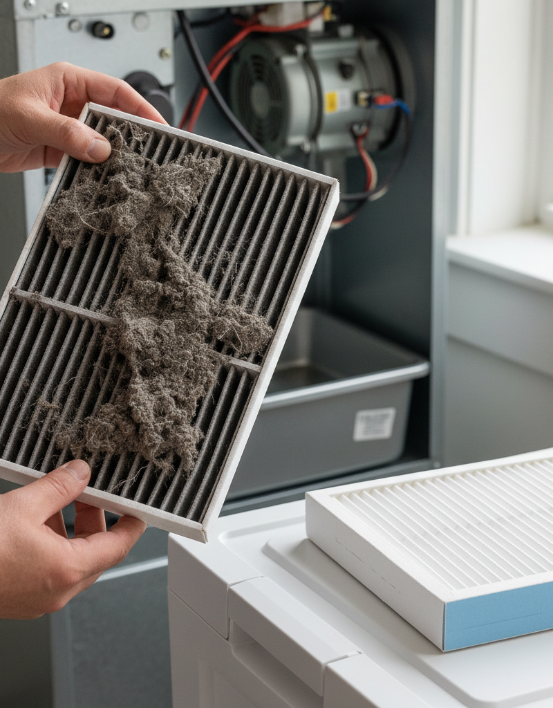 Homeowner inspecting a dirty HVAC air filter, holding it up to the light to show accumulated dust.