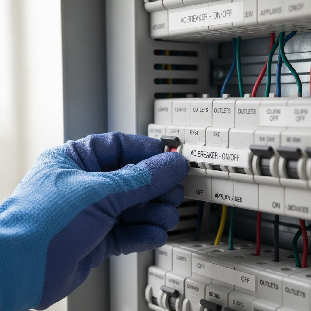 Hand resetting a tripped air conditioner circuit breaker in a home electrical panel.