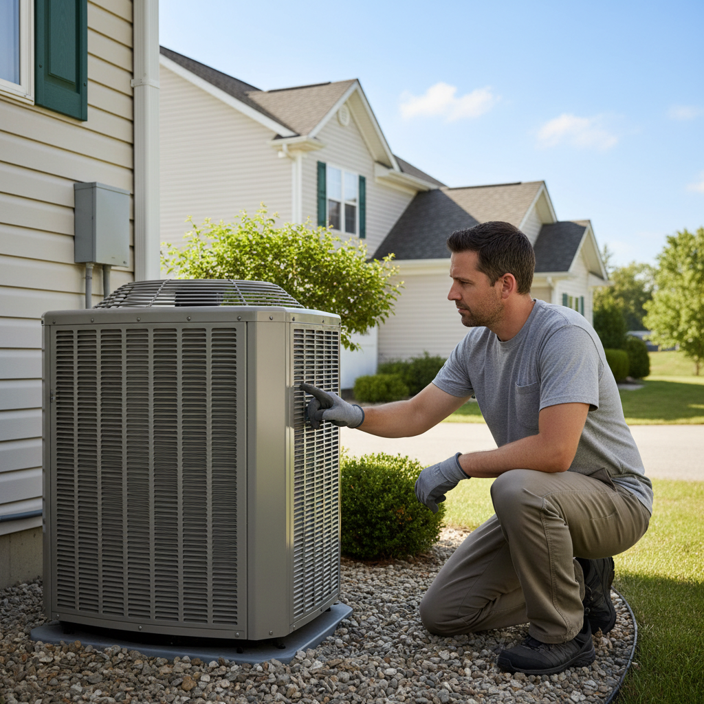 Homeowner troubleshooting an outdoor AC unit with the disconnect switch