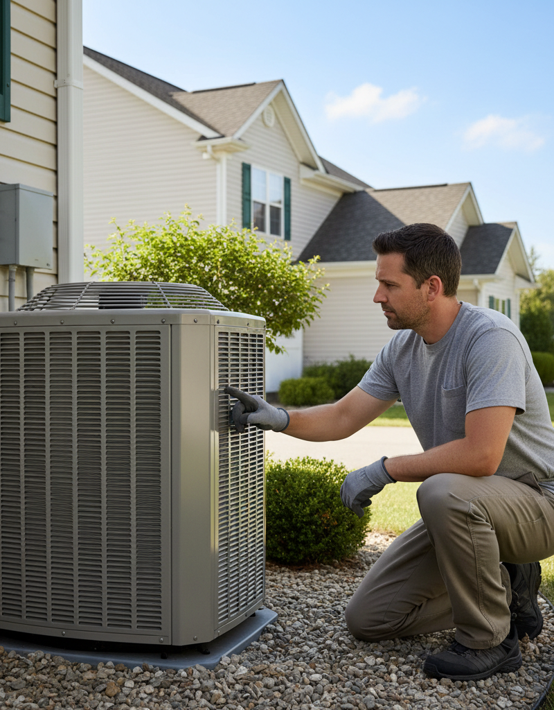 Homeowner troubleshooting an outdoor AC unit with the disconnect switch