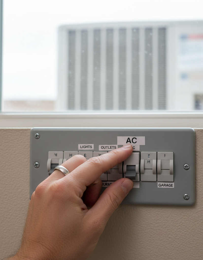 Homeowner checks a tripped circuit breaker for an air conditioner