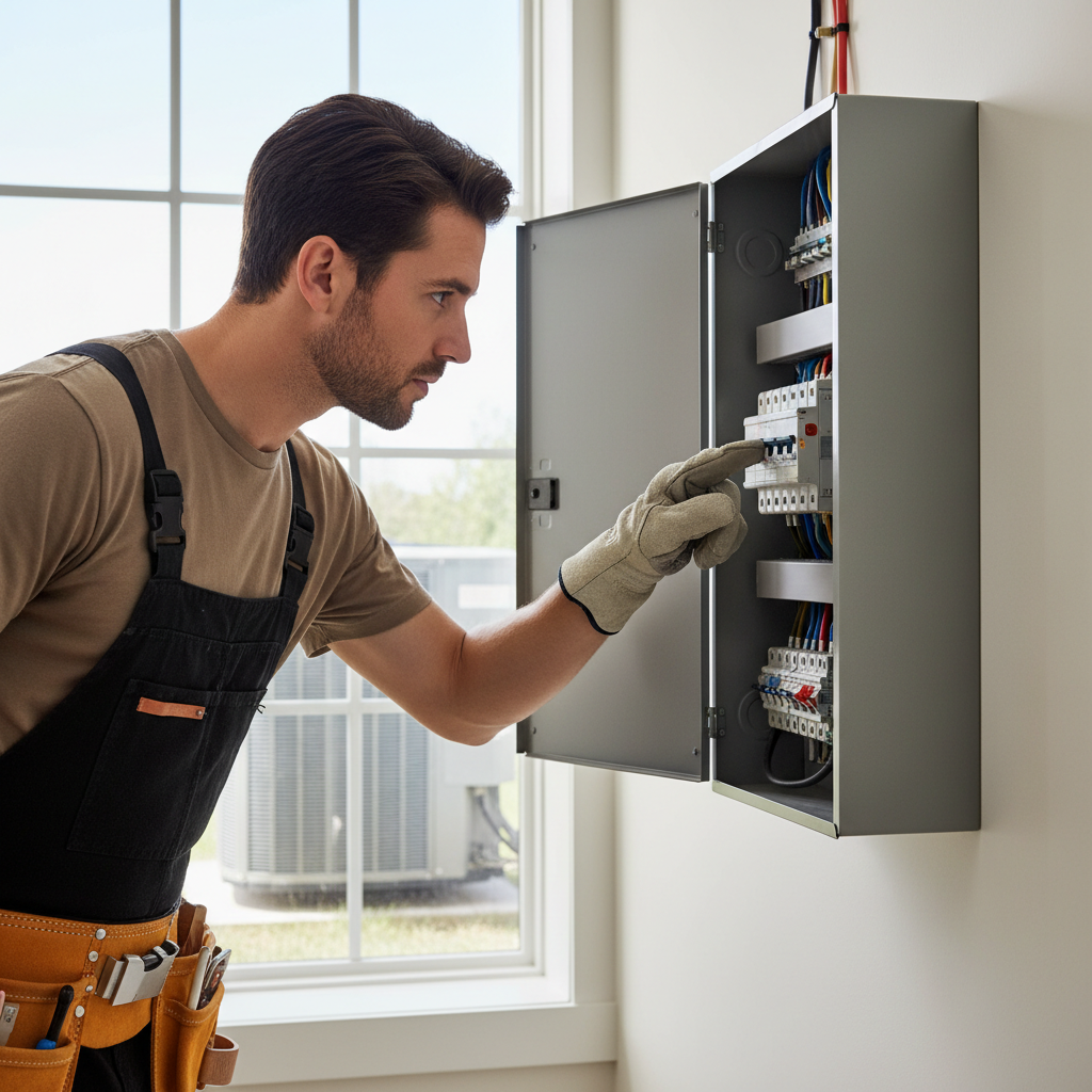 Homeowner troubleshooting AC by checking a tripped circuit breaker in an electrical panel.