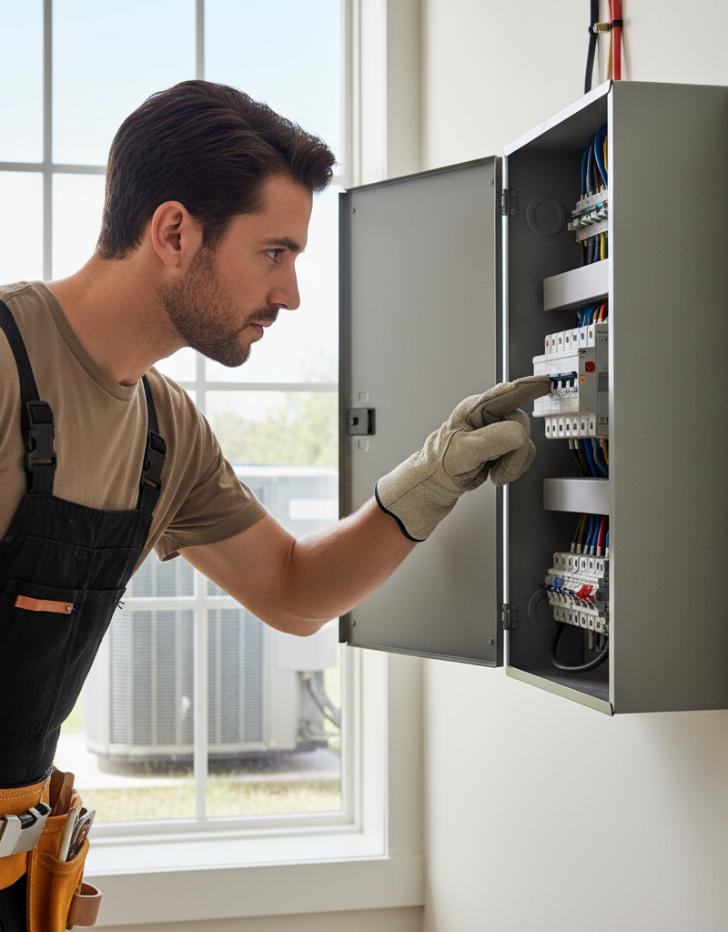 Homeowner troubleshooting AC by checking a tripped circuit breaker in an electrical panel.