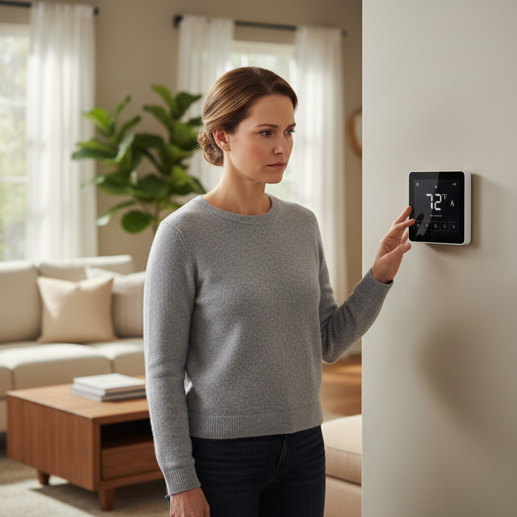 A homeowner checks a smart thermostat that is not turning on the air conditioner.