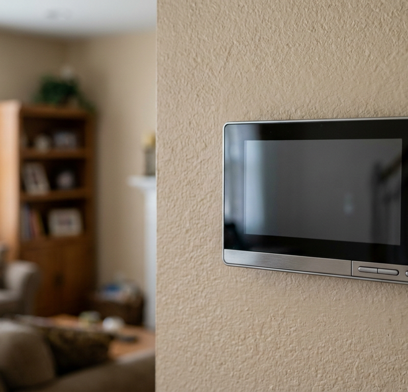 A blank, dark thermostat screen on a wall, indicating the air conditioner is not turning on.