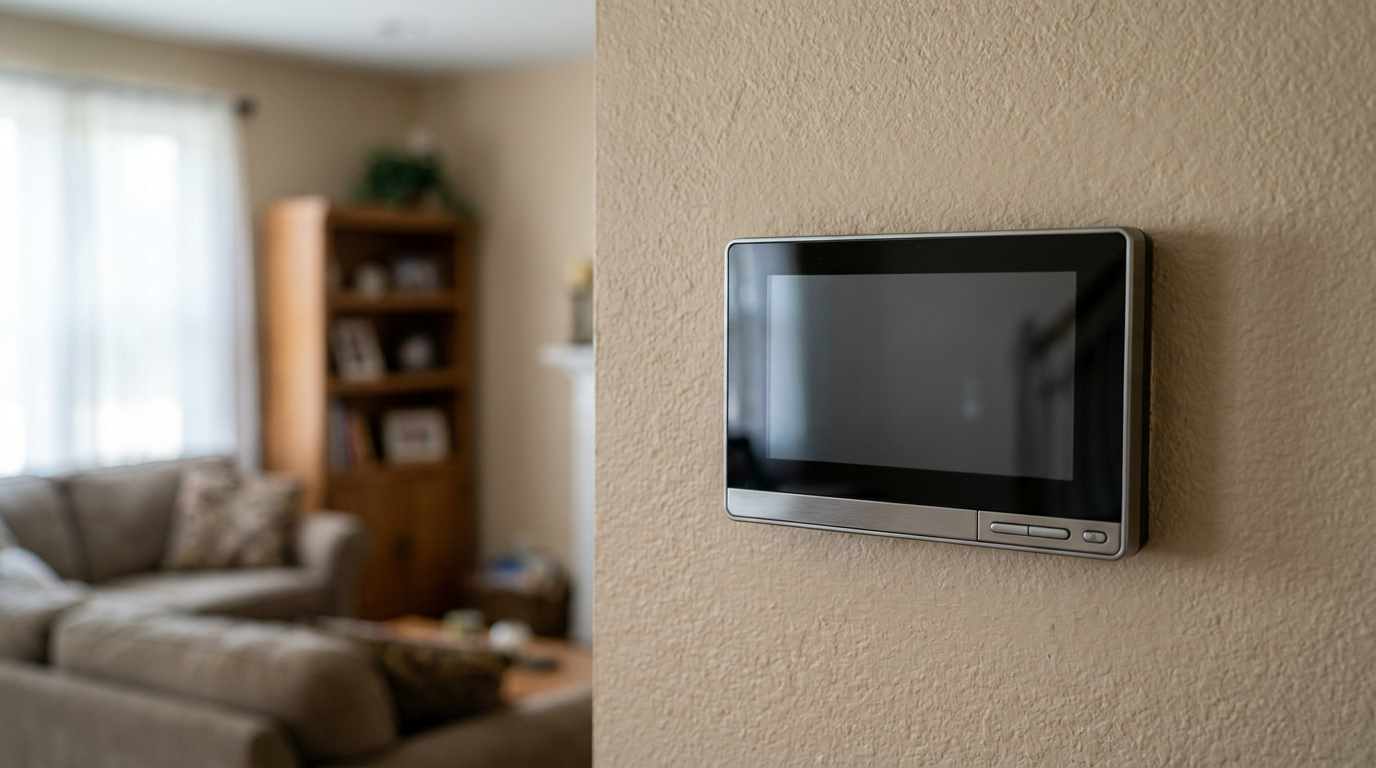 A blank, dark thermostat screen on a wall, indicating the air conditioner is not turning on.