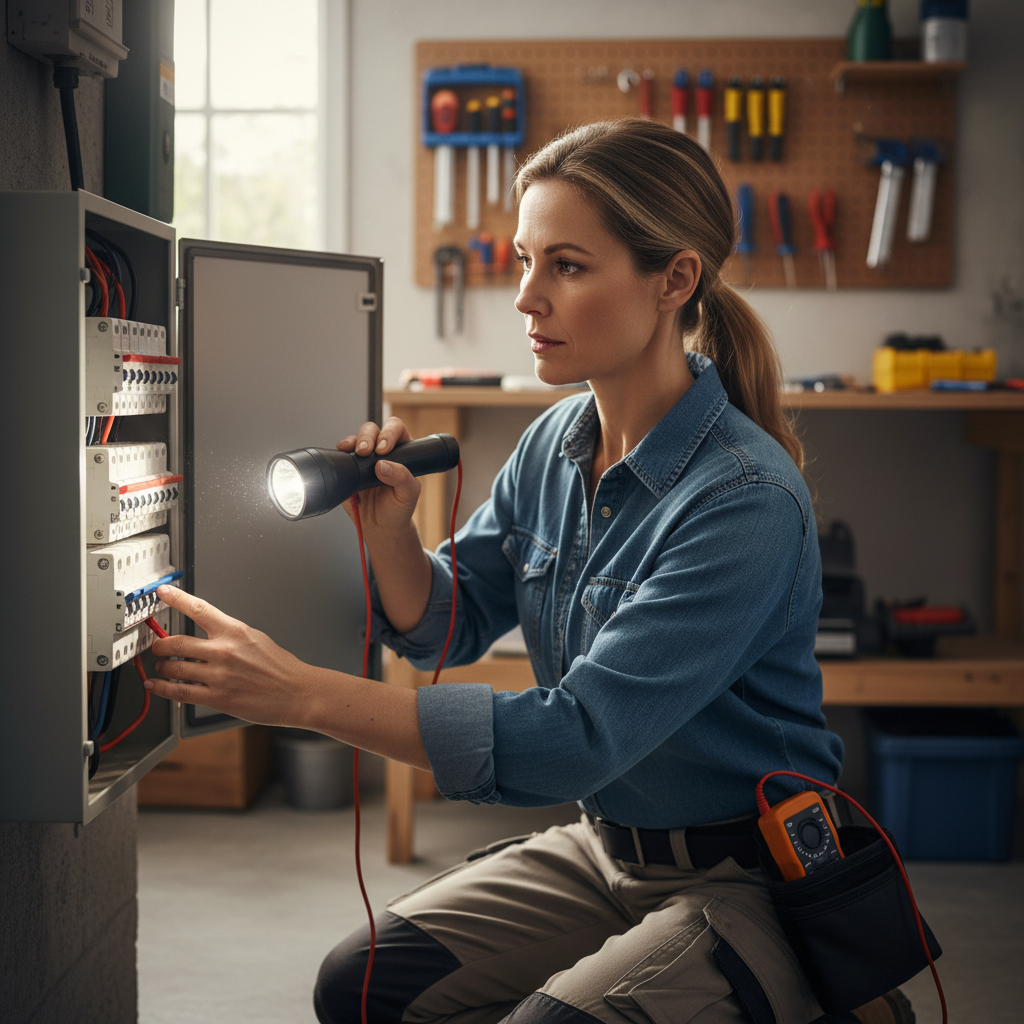 Homeowner troubleshooting an AC issue by checking the electrical panel's circuit breaker for a tripped switch.