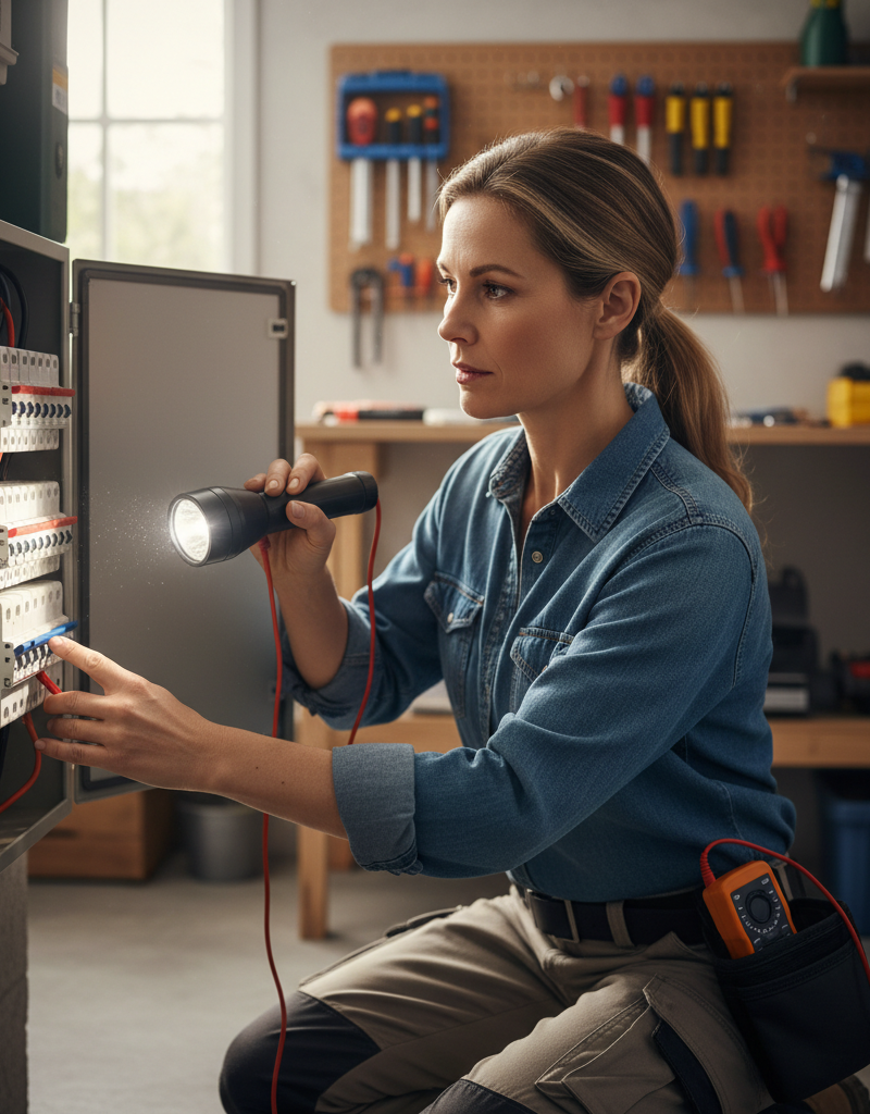 Homeowner troubleshooting an AC issue by checking the electrical panel's circuit breaker for a tripped switch.
